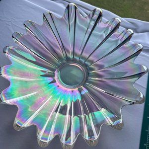 Vintage Carnival Federal Glass Iridescent Celestial Ribbed Petal Serving Bowl